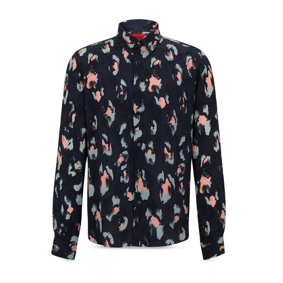 Hugo Boss Men's Long Sleeve HUGO Emero Abstract Viscose Shirt Straight Fit Black - Picture 5 of 6